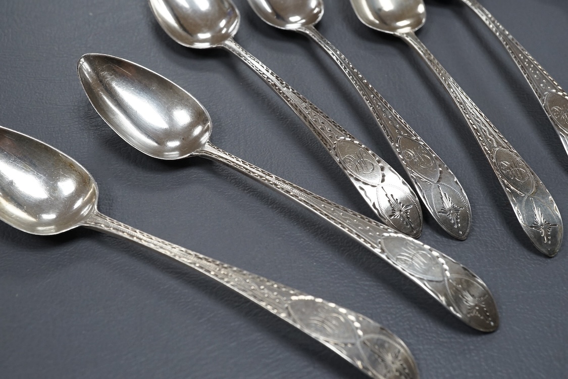 Seven George III Irish Celtic point bright cut teaspoons, John Pittar, Dublin, circa 1760, 13cm, 88 grams.